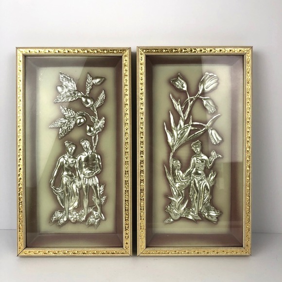 VTG MCM Set of 2 of Four Seasons by MetalCraft Framed Wall Hangings‎ Relief - Picture 1 of 7